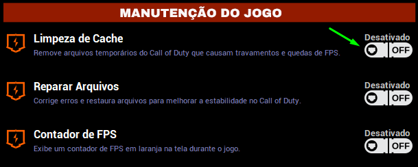 Seção Manutenção do Jogo